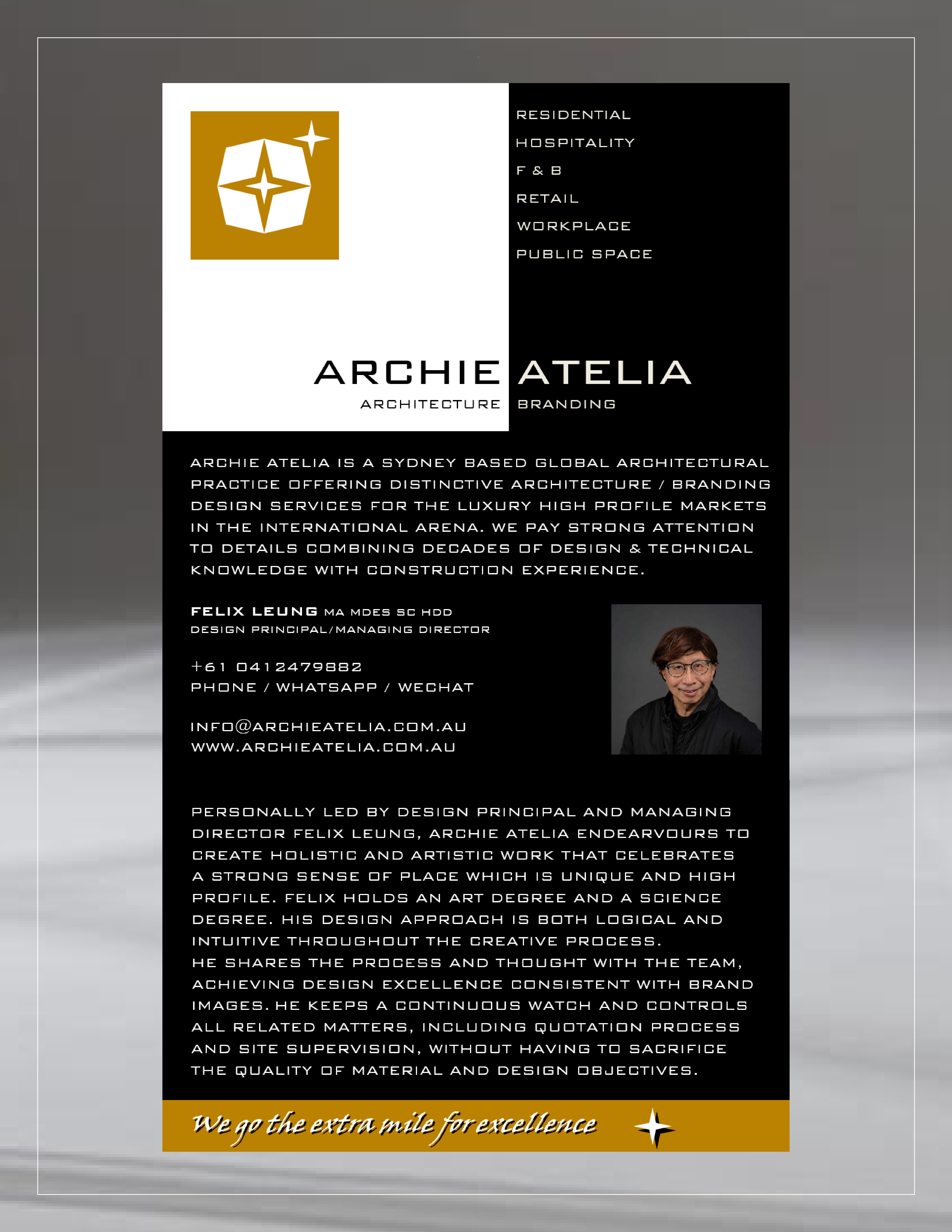 Archie Atelia studio introduction. Sydney-based global architectural practice. Services include Residential, Hospitality, F&B, Retail, Workplace and Public Space. Led by Felix Leung MA MDes SC HDD.